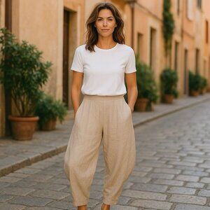 SARAH PACINI Beige Linen Harem Pants Made In Italy Size 3 US Large